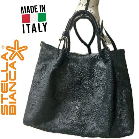BOHEMIAN  MADE IN ITALY TOOLED EMBOSSED BLACK LEATHER  SATCHEL CROSSBODY BAG - Picture 1 of 13